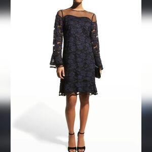 Shani Illusion Neck Lace A-Line mini sheath Dress netting yoke Black Blue 10 nwt